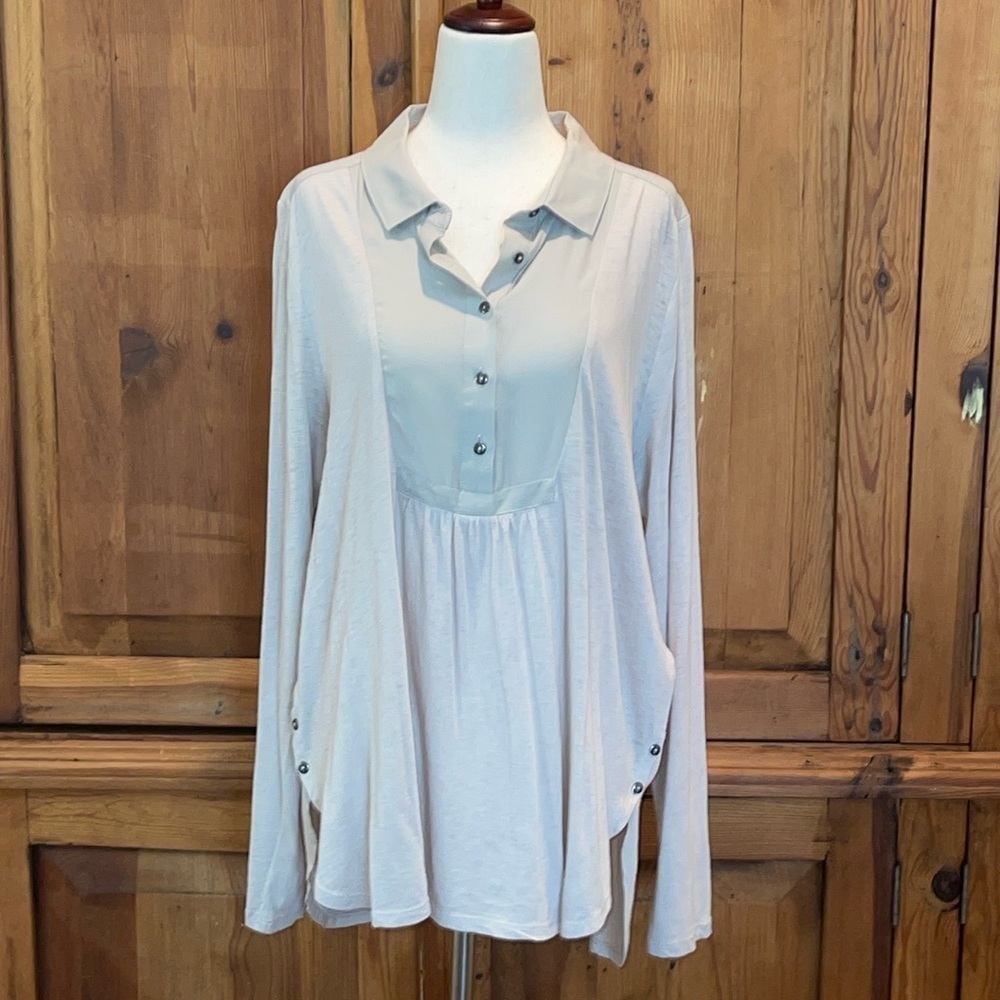 Lucky Beige Multi Mix Fabric Collared Tunic Blouse Sz. MD.